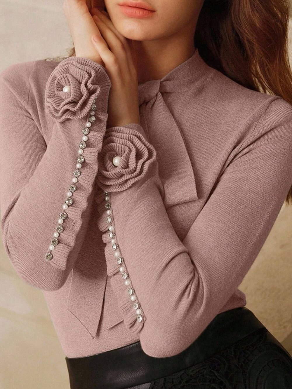 Dusty Pink Casual Women's 3d Rose Rib-Knit Button Slim Fit Pullover